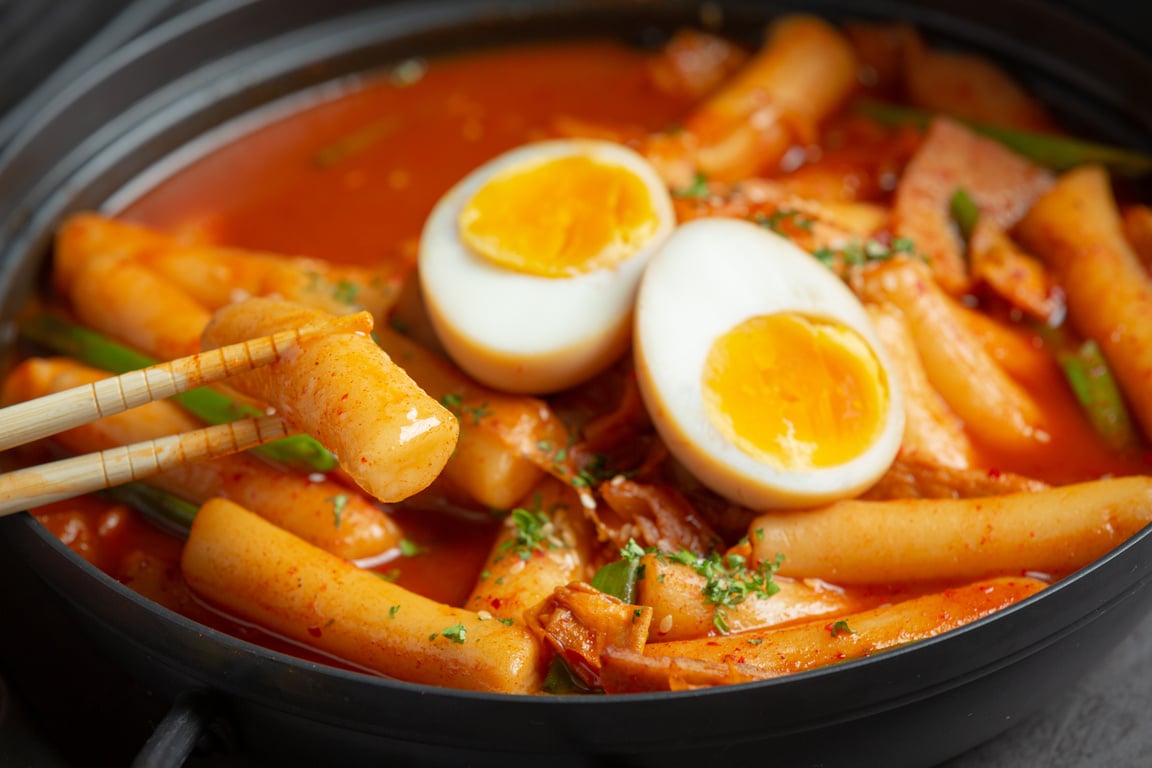 Cheesy Tokbokki korean traditional food on black board backg